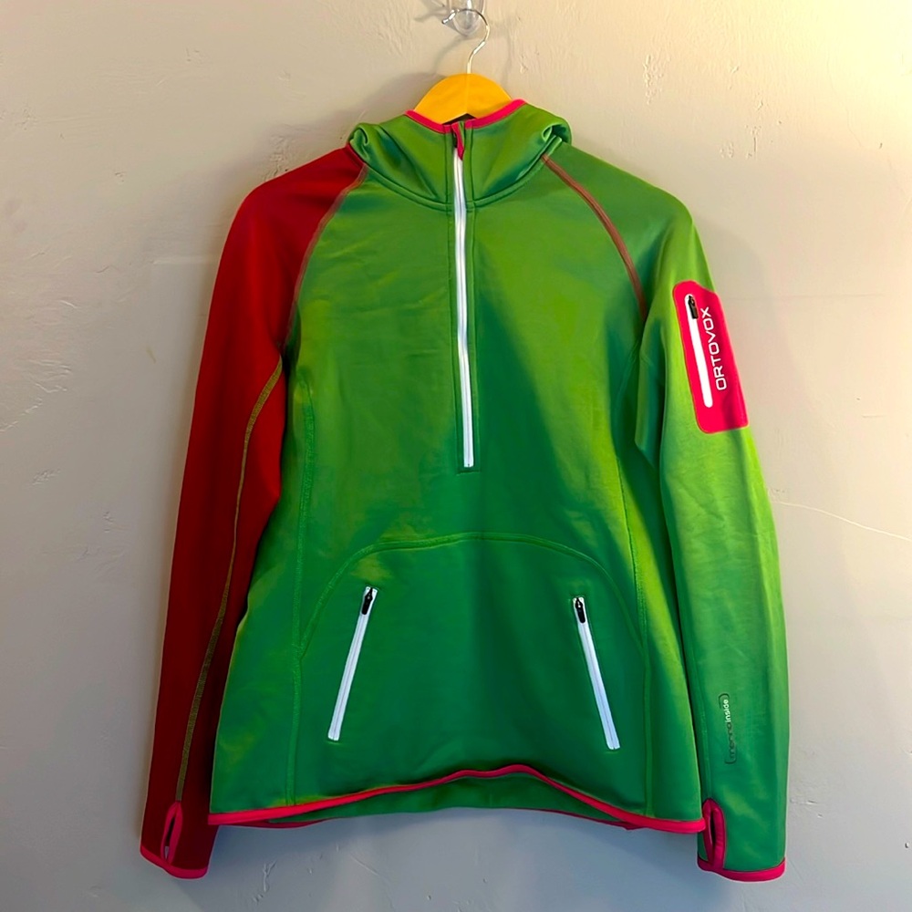 Ortovox Women’s Half Zip Merino Fleece Hoody, Size L, Green and Pink